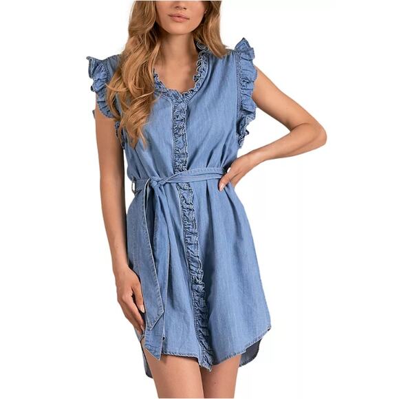 ELAN INTERNATIONAL WOMENS MEDIUM COTTON MINI DRESS RUFFLE SLEEVE W/BELT BLUE NEW - Picture 1 of 13